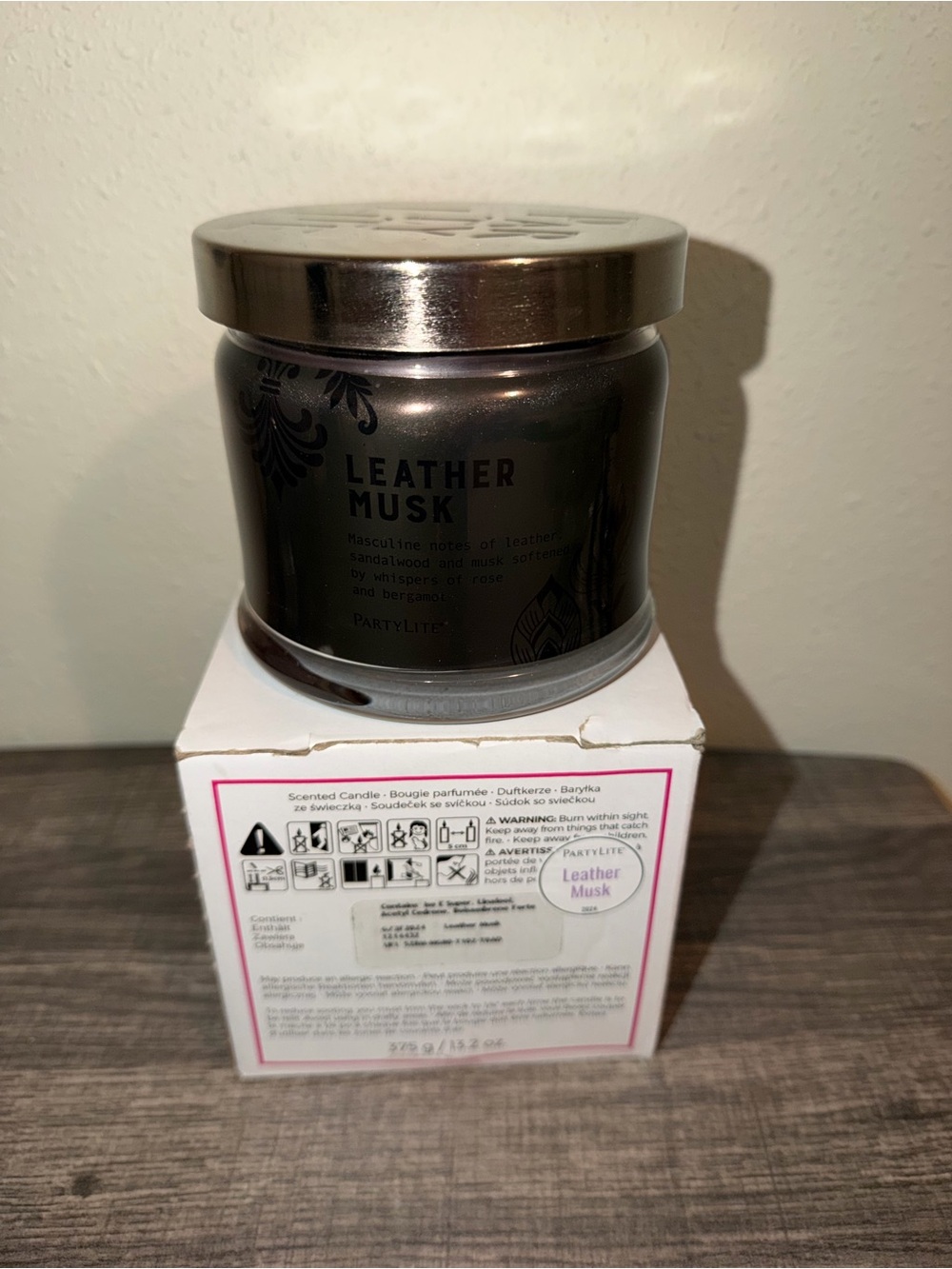 Partylite Brown Leather Musk Manly Sandalwood 3-Wick Jar